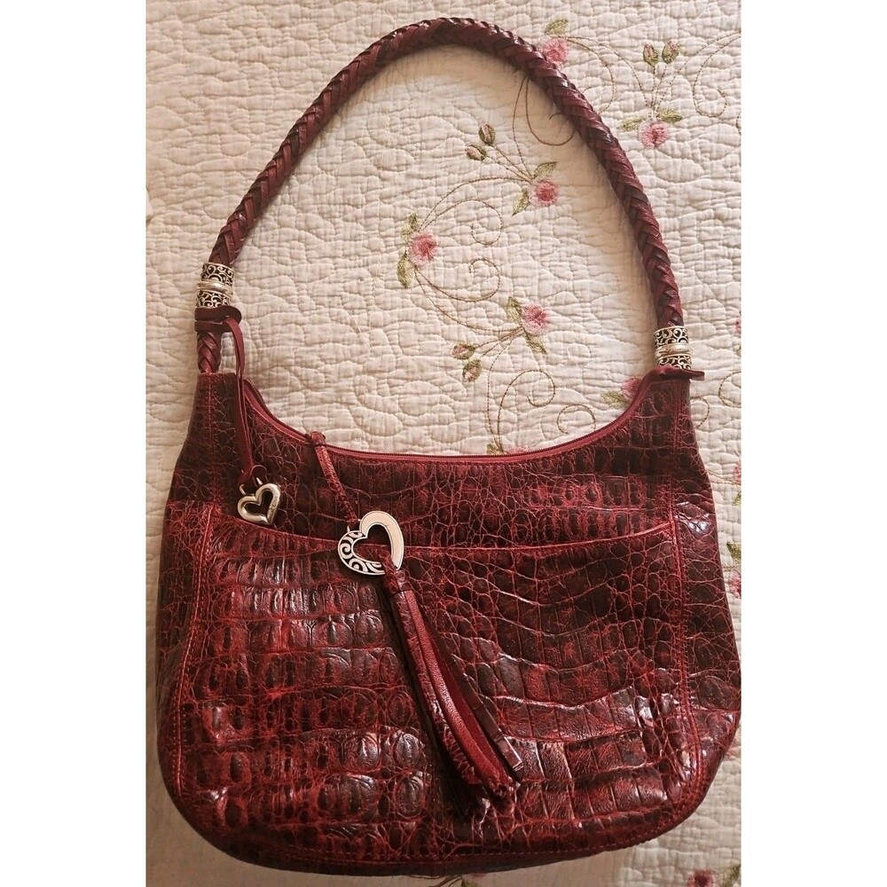 Brighton Barbados Oxblood Croc Embossed Ziptop Hobo Handbag EUC
